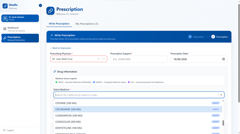 Screenshot of the OneRx doctor prescription module