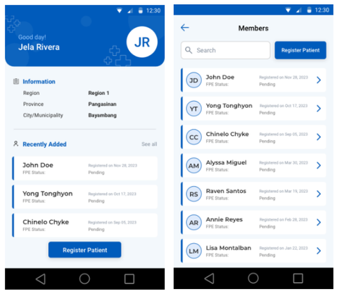 Screenshots of the mobile registration app