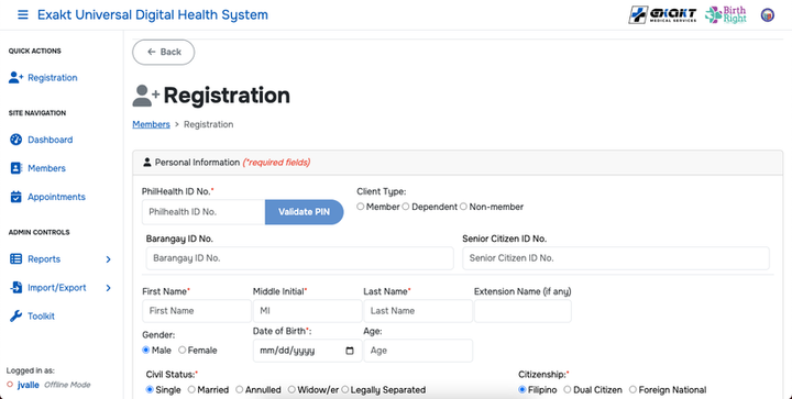 Screenshot of the web registration system